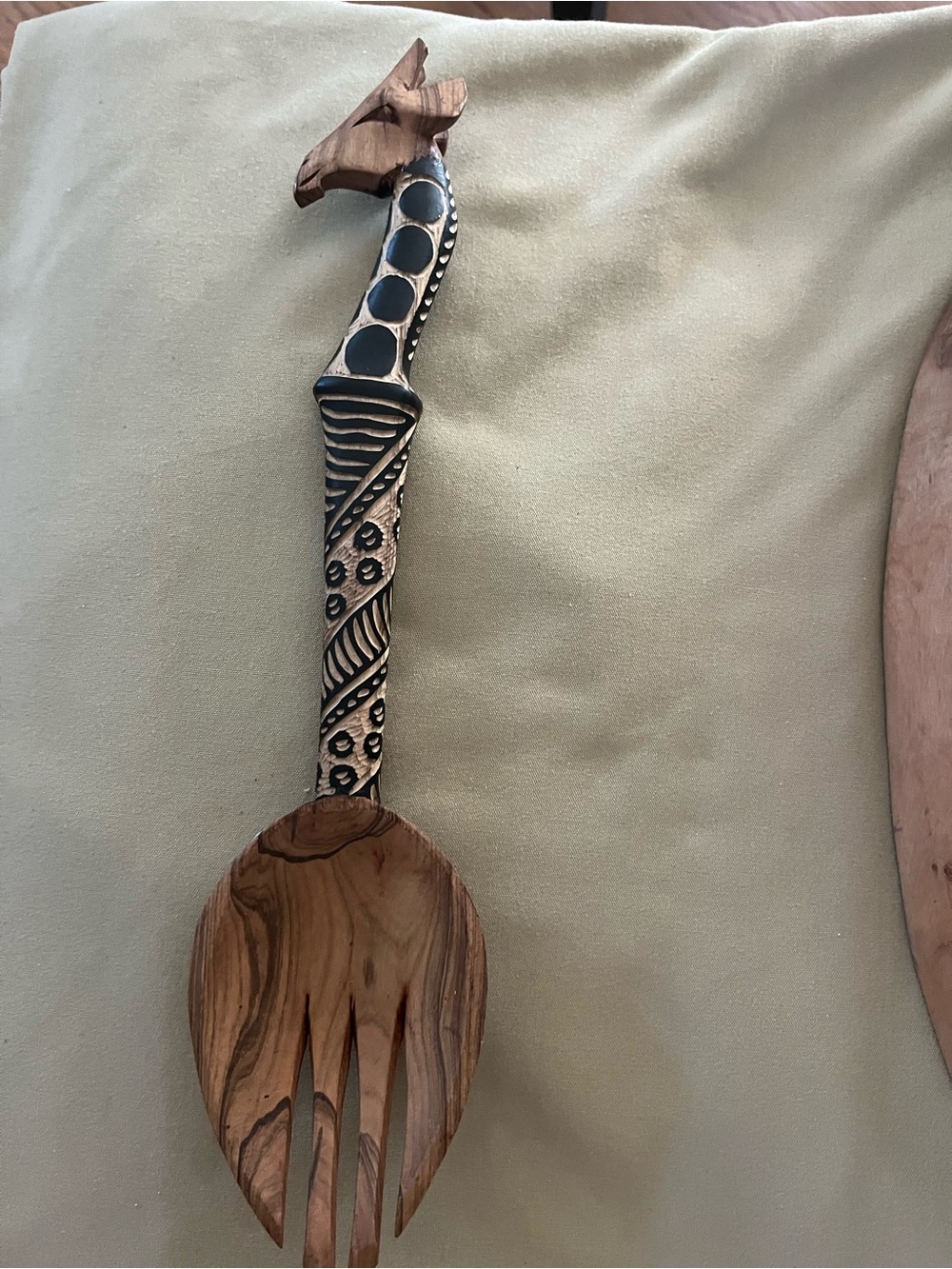 Set of African Design hand carved wood Salad Serving Fork & Spoon. w/Small Bowl - Picture 8 of 9